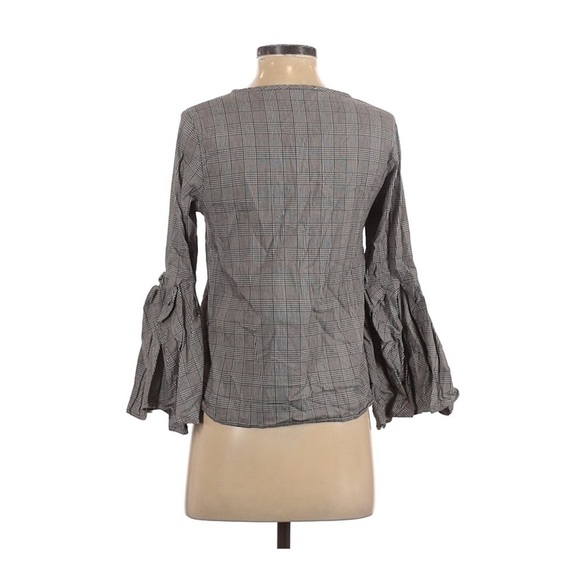 Zara Plaid Black and White Bell Sleeve Blouse - Picture 3 of 7